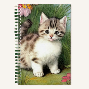Vintage Katzen-Illustration mit roten Blume Notizbuch