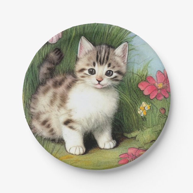 Vintage Katzen-Illustration mit roten Blume Pappteller (Vorderseite)