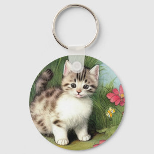 Vintage Katzen-Illustration mit roten Blume Schlüsselanhänger