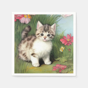 Vintage Katzen-Illustration mit roten Blume Serviette