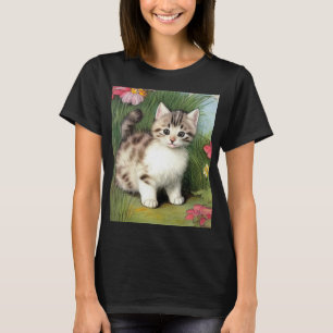 Vintage Katzen-Illustration mit roten Blume T-Shirt
