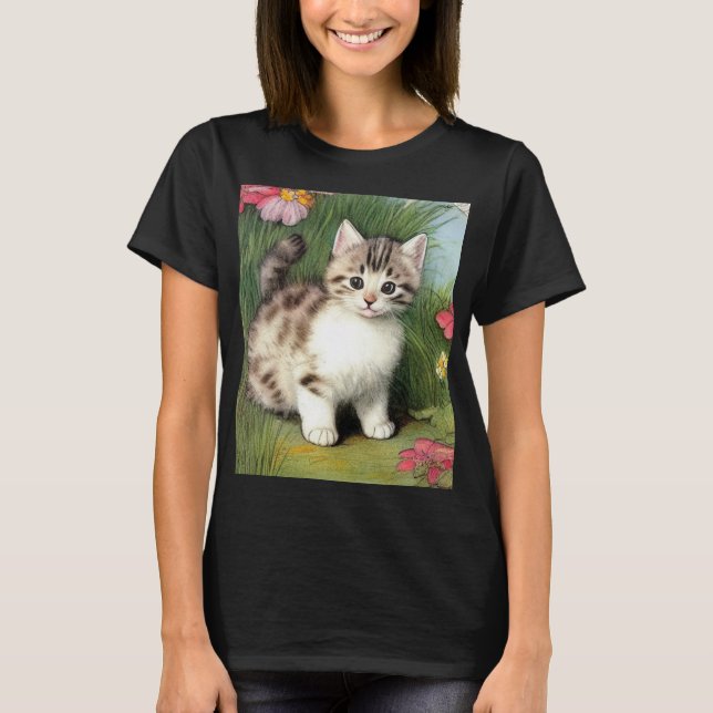 Vintage Katzen-Illustration mit roten Blume T-Shirt (Vorderseite)
