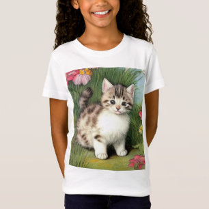 Vintage Katzen-Illustration mit roten Blume T-Shirt