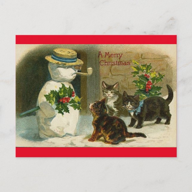 Vintage Katzen-Schnee-Mann-frohe Feiertagspostkarte (Vorderseite)