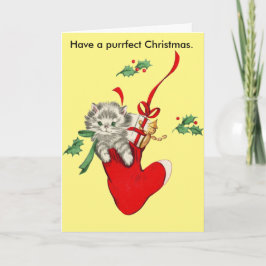 Vintage Katzen-u. Strumpf-Weihnachtskarte Feiertagskarte