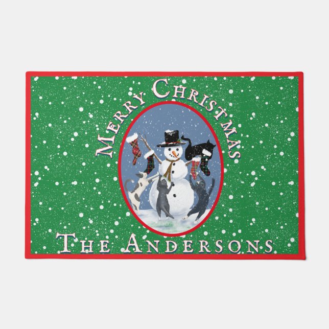 Vintage Katzen und Schneemann Grüne Weihnachten Fußmatte (Vorderseite)