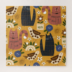 Vintage Katzen und Vögel, handgezeichnet. Puzzle