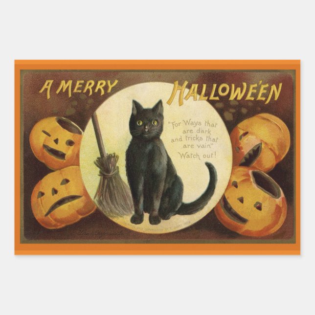 Vintage Katzenkatze zu Halloween und Kürbiskröten  Geschenkpapier Set (Vorderseite)