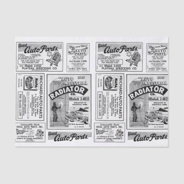 Vintage Kfz-Anzeigendekoupage, Geschenk Seidenpapier (Vorderseite)