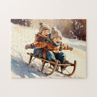 Vintage Kids Sled Ride Watercolor Winter Puzzle