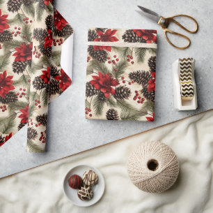 Vintage Kiefernzapfen und Zweige mit Poinsettia Geschenkpapier