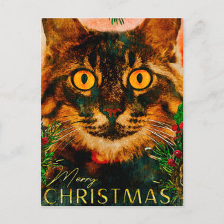 Vintage Kiefernzweig und Leaf Katze frohe Weihnach Feiertagspostkarte