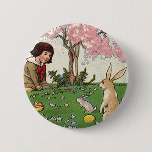 Vintage Kind auf einer Ostereiersuche mit Tieren Button