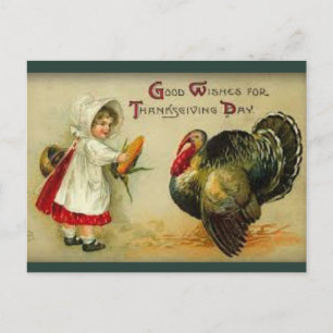 Vintage Kind bietet Truthahn Thanksgiving Mais an Postkarte