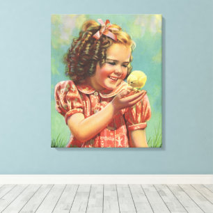 Vintage Kind, Glückliches Lächeln, Mädchen mit Bab Leinwanddruck