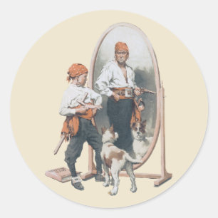 Vintage Kind, Junge Pirat, Hund, Spiegel, Freibeut Runder Aufkleber