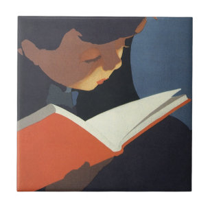 Vintage Kind liest ein Buch aus der Bibliothek Fliese