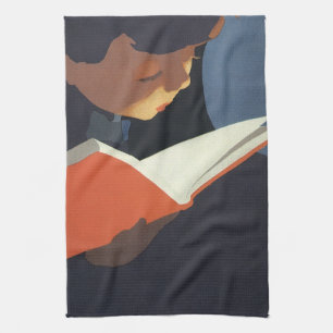 Vintage Kind liest ein Buch aus der Bibliothek Küchentuch