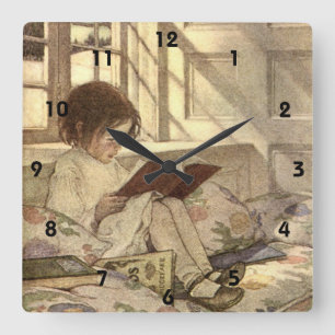 Vintage Kind liest ein Buch, Jessie Willcox Smith Quadratische Wanduhr