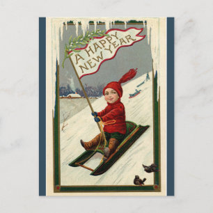 Vintage Kind Mit Flagge Schlittenfahren Frohes Neu Postkarte