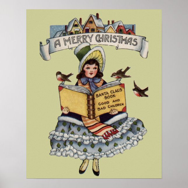 Vintage Kind mit Weihnachtsmann Buch Poster (Vorne)