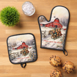 Vintage Kinder auf der Weihnachtslandschaft des Al Ofenhandschuh & Topflappen-Set