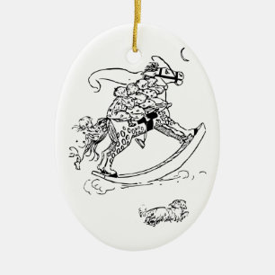 Vintage Kinder auf Rockpferd Weihnachtsfeiern Keramik Ornament