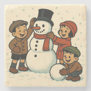 Vintage Kinder bauen einen Schneemann Steinuntersetzer
