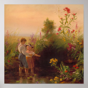 Vintage-Kinder beim Fischen im Bach Ölgemälde Poster