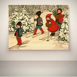Vintage Kinder beim Skifahren durch einen schneebe Poster