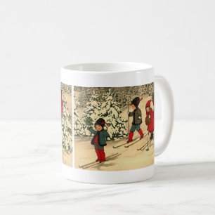 Vintage Kinder beim Skifahren durch einen schneebe Tasse