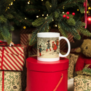 Vintage Kinder beim Skifahren durch einen schneebe Tasse