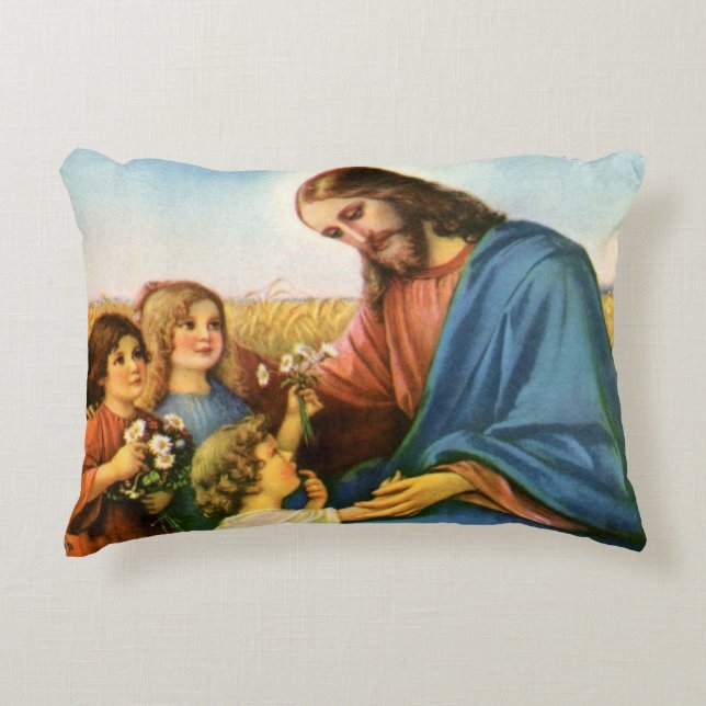 Vintage Kinder bringen Blume nach Jesus Christus Dekokissen (Vorderseite)