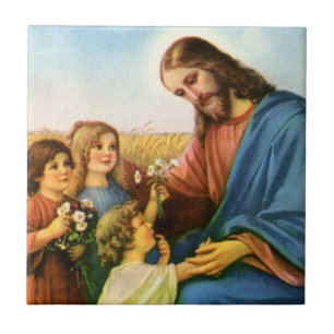 Vintage Kinder bringen Blume nach Jesus Christus Fliese