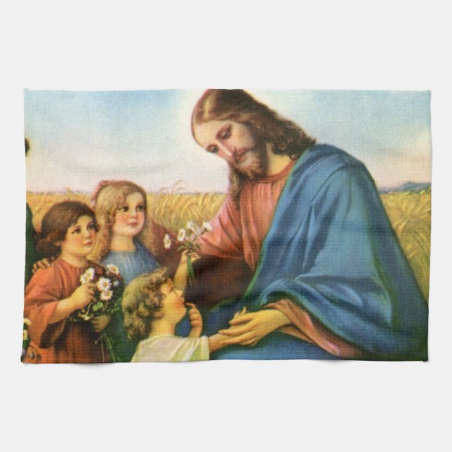 Vintage Kinder bringen Blume nach Jesus Christus Geschirrtuch (Horizontal)