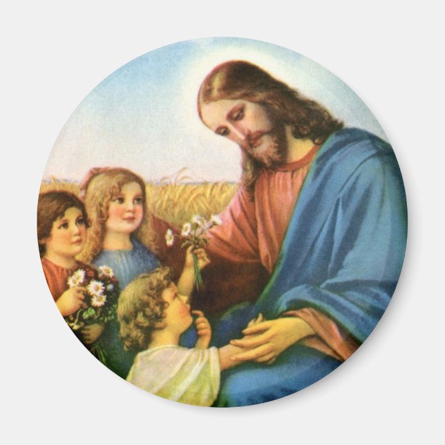 Vintage Kinder bringen Blume nach Jesus Christus Magnet (Vorne)