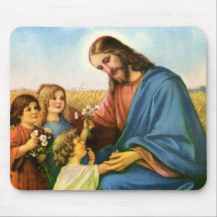 Vintage Kinder bringen Blume nach Jesus Christus Mousepad