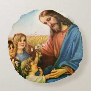 Vintage Kinder bringen Blume nach Jesus Christus Rundes Kissen