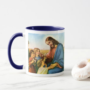 Vintage Kinder bringen Blume nach Jesus Christus Tasse