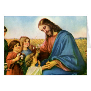 Vintage-Kinder bringen Jesus Christus Blumen