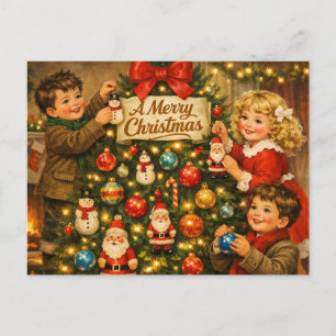 Vintage Kinder dekorieren den Weihnachtsbaum  Feiertagspostkarte