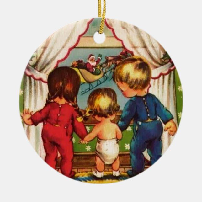 Vintage Kinder, die den Weihnachtsmann sehen Keramikornament (Vorne)