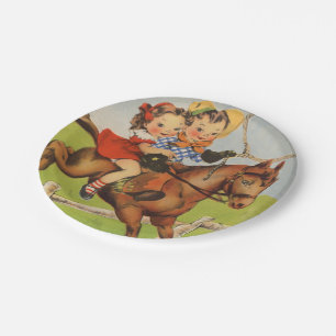Vintage Kinder, die ein Pferd spielt Cowboys Pappteller