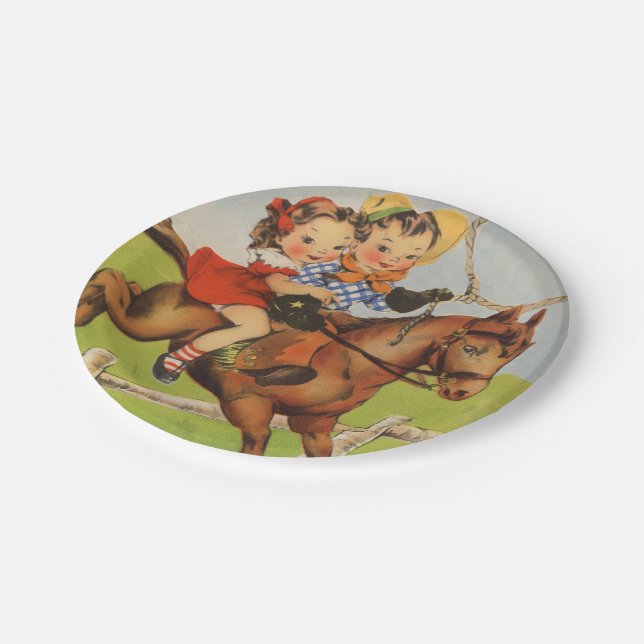 Vintage Kinder, die ein Pferd spielt Cowboys Pappteller (Schrägansicht)