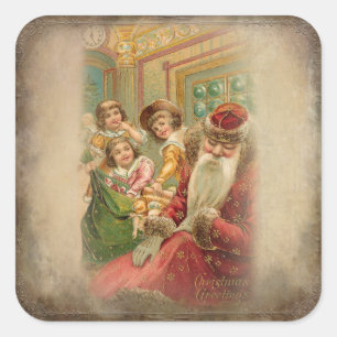 Vintage Kinder, die Geschenke während der Weihnach Quadratischer Aufkleber
