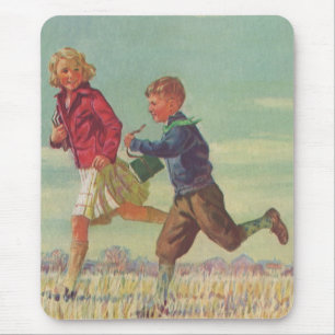 Vintage Kinder, die zur Schule gehen und Bücher fü Mousepad