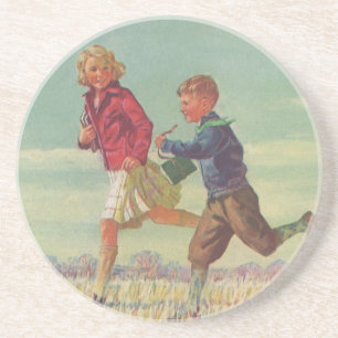 Vintage Kinder, die zur Schule gehen und Bücher fü Untersetzer