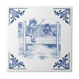 Vintage Kinder Fischen Kinder Delft Blau & Weiß Fliese