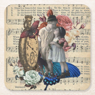 Vintage Kinder & Florale Collage  Rechteckiger Pappuntersetzer