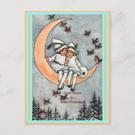 Vintage Kinder, Halbmond, Winterschneevögel Postkarte